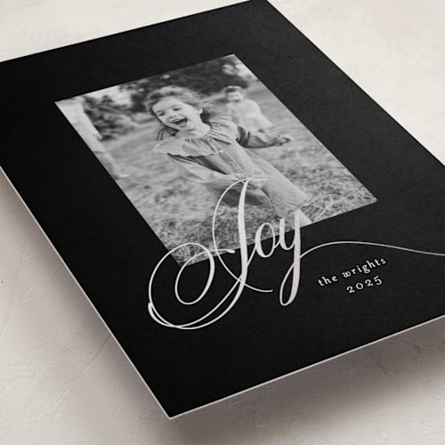 This is a raven foil pressed holiday cards with foil pressed by Melinda Denison called joy printing on recycled smooth signature in standard