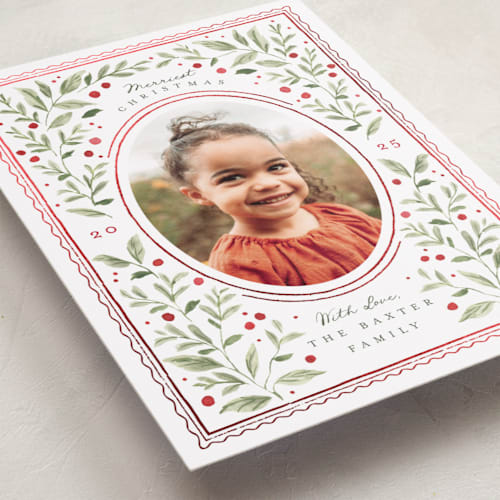 This is a holly berry foil pressed holiday cards with foil pressed by Everett Paper Goods called mirror foliage printing on recycled smooth signature in standard