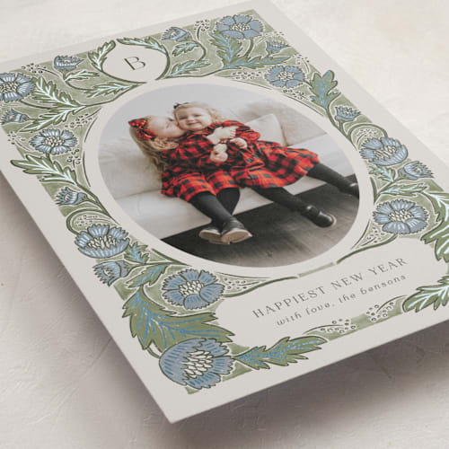 This is a frosty foil pressed holiday cards with foil pressed by Jen Owens called monogram nouveau printing on recycled smooth signature in standard