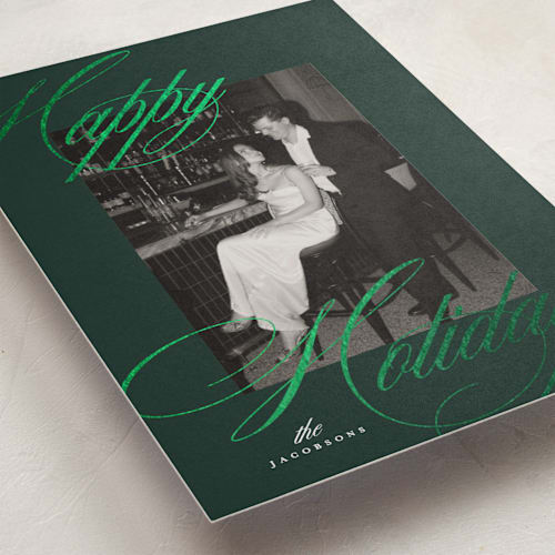 This is a evergreen foil pressed holiday cards with foil pressed by Carolyn Nicks called dreamy printing on recycled smooth signature in standard