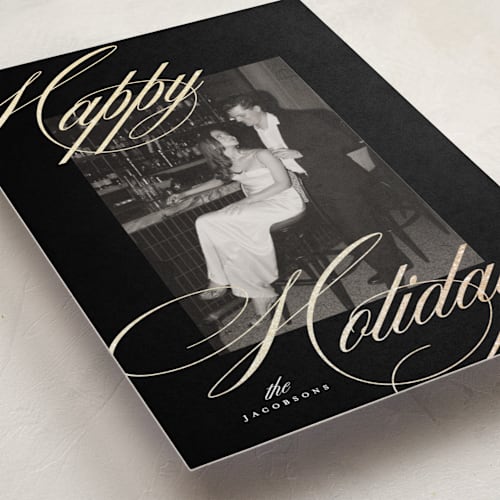This is a midnight foil pressed holiday cards with foil pressed by Carolyn Nicks called dreamy printing on recycled smooth signature in standard