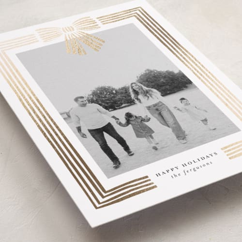 This is a snow foil pressed holiday cards with foil pressed by Iveta Angelova called ribbon framed printing on recycled smooth signature in standard