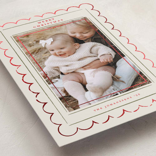 This is a festive foil pressed holiday cards with foil pressed by Carolyn Nicks called charming sketches printing on recycled smooth signature in standard