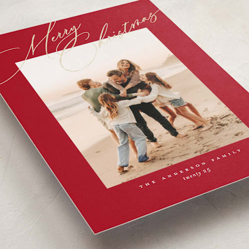 This is a santa suit foil pressed holiday cards with foil pressed by Jessica Williams called topper printing on recycled smooth signature in standard