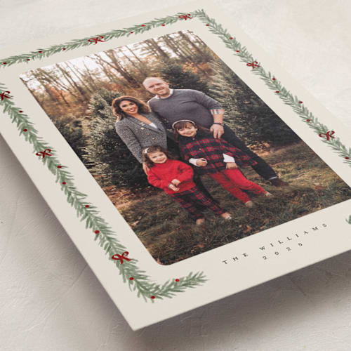 This is a eggnog foil pressed holiday cards with foil pressed by Adelyn T. called pine and bow printing on recycled smooth signature in standard