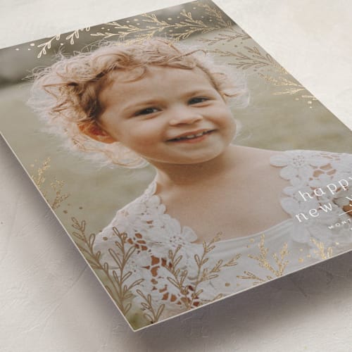 This is a glisten foil pressed holiday cards with foil pressed by Wildfield Paper Co called chamomile printing on recycled smooth signature in standard