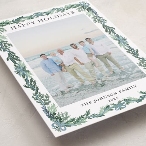 This is a frosty blue foil pressed holiday cards with foil pressed by Angel Walker called traditional christmas printing on recycled smooth signature in standard