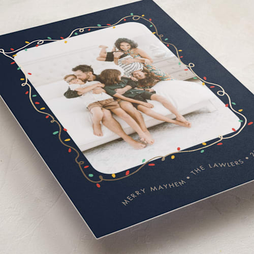 This is a midnight foil pressed holiday cards with foil pressed by Holly Whitcomb called crazy lights printing on recycled smooth signature in standard