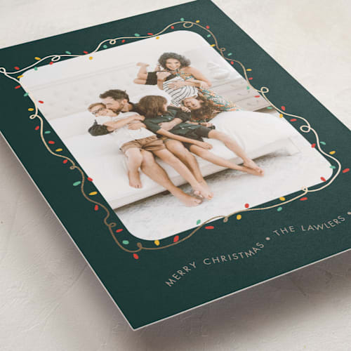 This is a forest foil pressed holiday cards with foil pressed by Holly Whitcomb called crazy lights printing on recycled smooth signature in standard