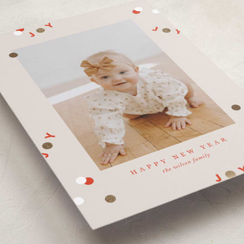 This is a cookie dough foil pressed holiday cards with foil pressed by Jennifer Postorino called funfetti printing on recycled smooth signature in standard