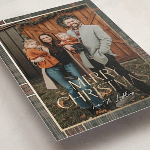 This is a autumn foil pressed holiday cards with foil pressed by Annie Holmquist called foiled plaid printing on recycled smooth signature in standard