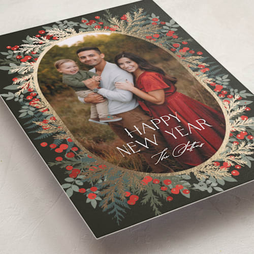 This is a cranberry foil pressed holiday cards with foil pressed by Kristie Kern called brilliante printing on recycled smooth signature in standard