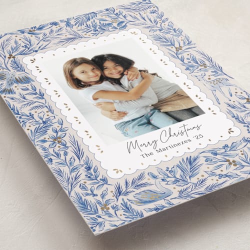 This is a porcelain foil pressed holiday cards with foil pressed by Elly called winter cottage printing on recycled smooth signature in standard