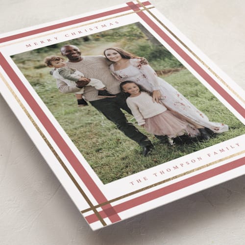 This is a candy cane foil pressed holiday cards with foil pressed by Ashley Presutti Beasley called traditional plaid printing on recycled smooth signature in standard