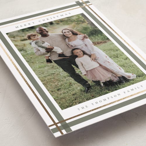 This is a sage foil pressed holiday cards with foil pressed by Ashley Presutti Beasley called traditional plaid printing on recycled smooth signature in standard