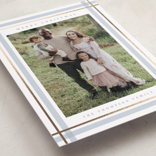 This is a icicle foil pressed holiday cards with foil pressed by Ashley Presutti Beasley called traditional plaid printing on recycled smooth signature in standard