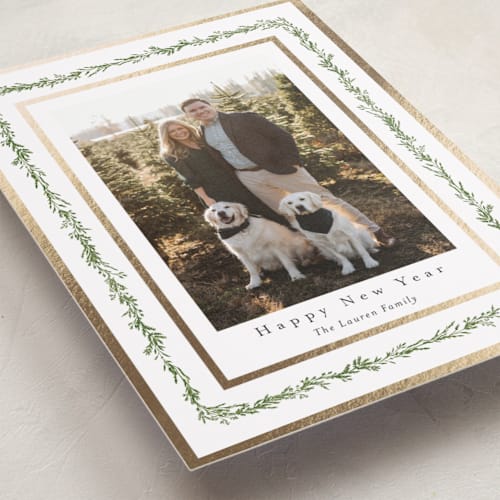 This is a pine foil pressed holiday cards with foil pressed by Susan Moyal called natural greenery printing on recycled smooth signature in standard