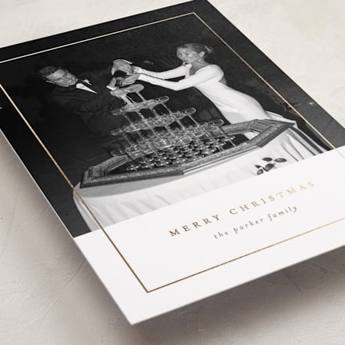 This is a snow foil pressed holiday cards with foil pressed by Brianne Larsen called classic border printing on recycled smooth signature in standard
