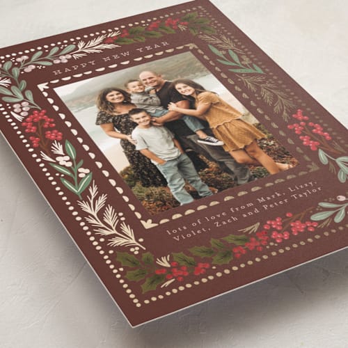 This is a earth foil pressed holiday cards with foil pressed by Alethea and Ruth called botanical detail border printing on recycled smooth signature in standard