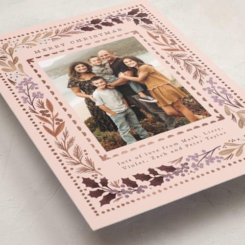 This is a blush foil pressed holiday cards with foil pressed by Alethea and Ruth called botanical detail border printing on recycled smooth signature in standard