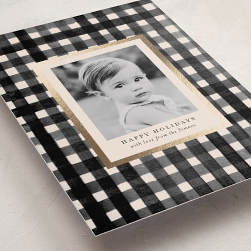 This is a charcoal foil pressed holiday cards with foil pressed by Meagan Christensen called gingham printing on recycled smooth signature in standard