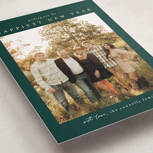 This is a hunter foil pressed holiday cards with foil pressed by Chris Griffith called frame of happiness printing on recycled smooth signature in standard