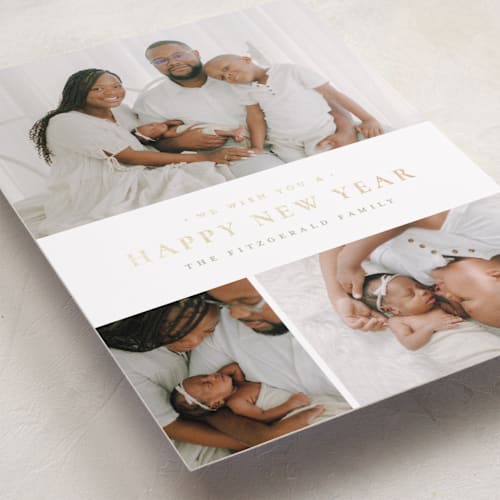 This is a eggnog foil pressed holiday cards with foil pressed by Wildfield Paper Co called quartzite printing on recycled smooth signature in standard