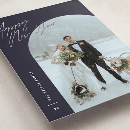 This is a midnight foil pressed holiday cards with foil pressed by Pixel and Hank called arc over printing on recycled smooth signature in standard