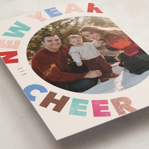 This is a gumdrops foil pressed holiday cards with foil pressed by Pixel and Hank called merry-go-round printing on recycled smooth signature in standard