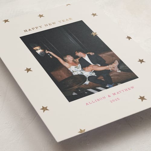 This is a confetti foil pressed holiday cards with foil pressed by Kercia Jane called tiny star confetti printing on recycled smooth signature in standard
