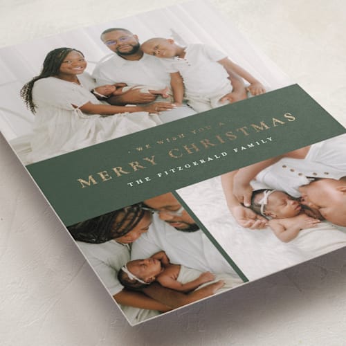 This is a eucalyptus foil pressed holiday cards with foil pressed by Wildfield Paper Co called quartzite printing on recycled smooth signature in standard
