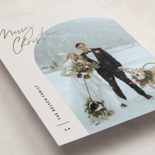This is a vanilla foil pressed holiday cards with foil pressed by Pixel and Hank called arc over printing on recycled smooth signature in standard