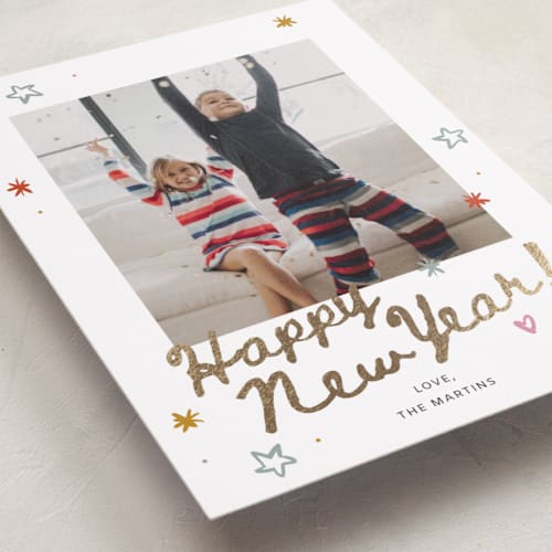 This is a confetti foil pressed holiday cards with foil pressed by Ani Somi called everything confetti printing on recycled smooth signature in standard