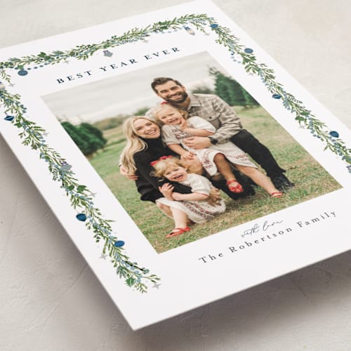 This is a winterberry foil pressed holiday cards with foil pressed by Susan Moyal called pine garland printing on recycled smooth signature in standard