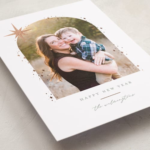 This is a spruce foil pressed holiday cards with foil pressed by Ally Madison called shining stardust printing on recycled smooth signature in standard
