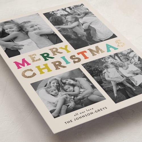 This is a bright foil pressed holiday cards with foil pressed by Inkblot Design called color coded spirit printing on recycled smooth signature in standard