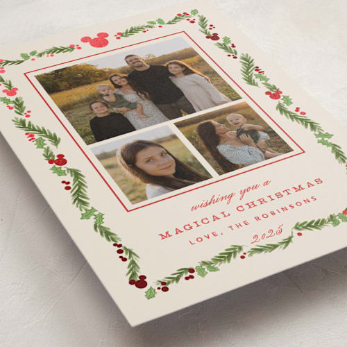 This is a stocking foil pressed holiday cards with foil pressed by Creo Study called disney’s mickey vintage holiday greens printing on recycled smooth signature in standard