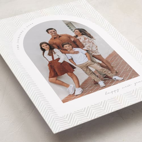 This is a tinsel gloss press holiday cards with gloss press by Olivia Raufman called delicate chevron printing on recycled smooth signature in standard