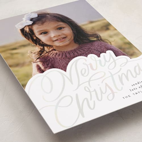 This is a snow gloss press holiday cards with gloss press by Alethea and Ruth called scripted lettering printing on recycled smooth signature in standard