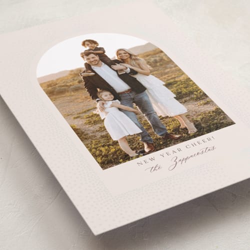 This is a oasis gloss press holiday cards with gloss press by Kamala Nahas called frosted arch printing on recycled smooth signature in standard