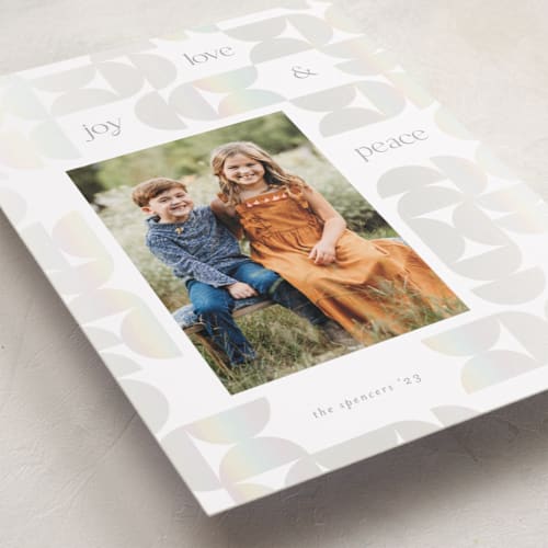 This is a frost gloss press holiday cards with gloss press by Lisa McLean called semi circle pieces printing on recycled smooth signature in standard