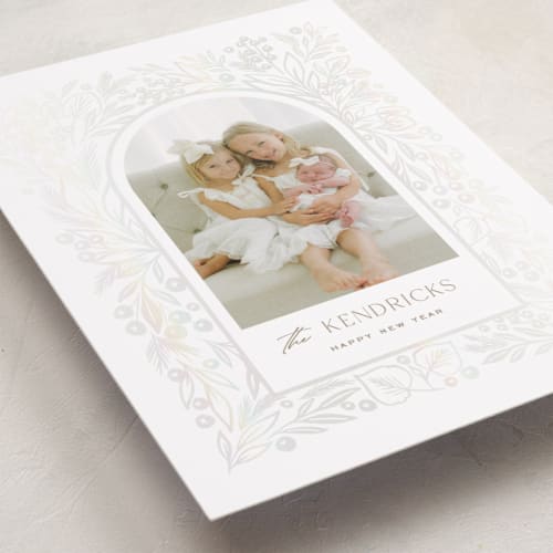 This is a jute gloss press holiday cards with gloss press by Ana Sharpe called botanica arch printing on recycled smooth signature in standard