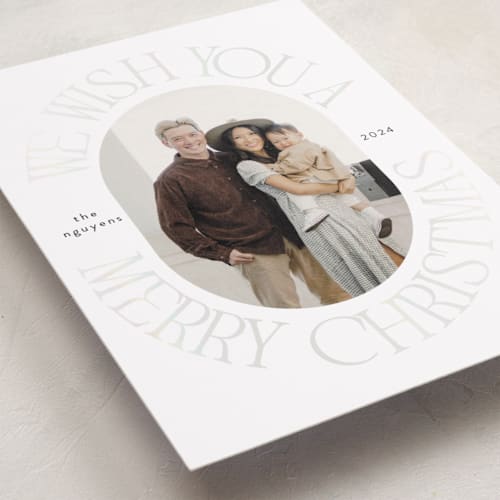 This is a snow gloss press holiday cards with gloss press by Morgan Kendall called merry wish printing on recycled smooth signature in standard