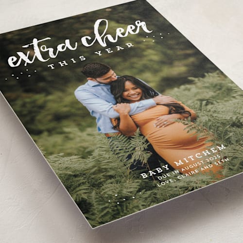 This is a cloud pregnancy announcements with standard by Lea Delaveris called extra cheer this year printing on smooth signature in standard