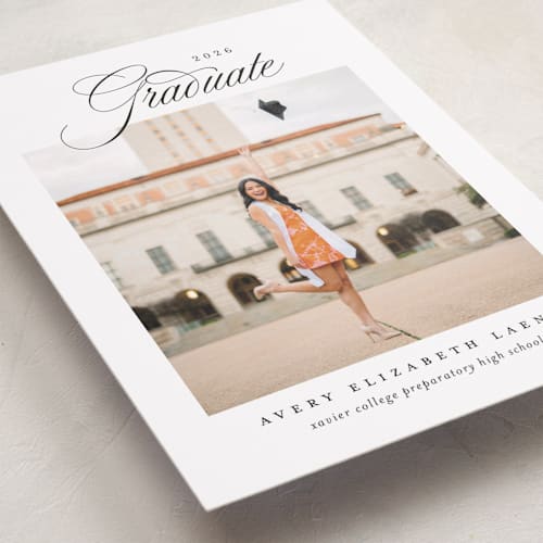 This is a swan graduation announcements with standard by Jennifer Postorino called classical grad printing on recycled smooth signature in standard