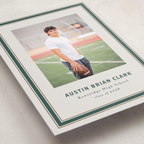 This is a evergreen graduation announcements with standard by Angela Garrick called varsity frame printing on recycled smooth signature in standard