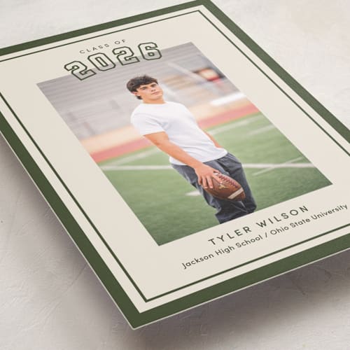 This is a forest graduation announcements with standard by Megan Cash called varsity year printing on recycled smooth signature in standard