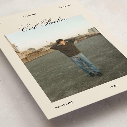 This is a sand graduation announcements with standard by Rachel Cassel called perfectly scripted printing on recycled smooth signature in standard