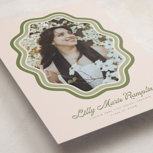 This is a matcha graduation announcements with standard by Melanie Kosuge called scalloped printing on recycled smooth signature in standard