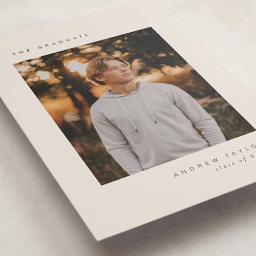 This is a sand graduation announcements with standard by Pippa Shaw called visionary printing on recycled smooth signature in standard